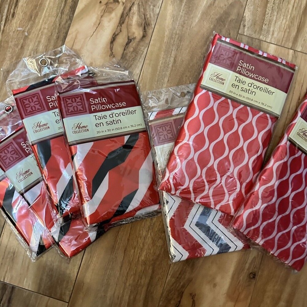 Lot Of 7 Satin Pillowcases 20x30" Red Black White Printed Standard Bed Size